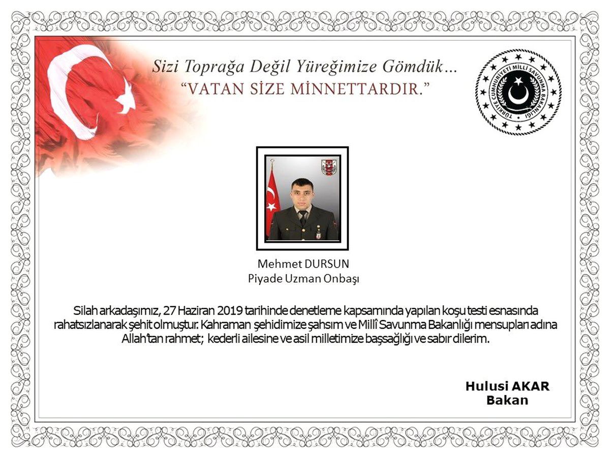 MSB: "Koşu testinde rahatsızlanan asker şehit oldu"