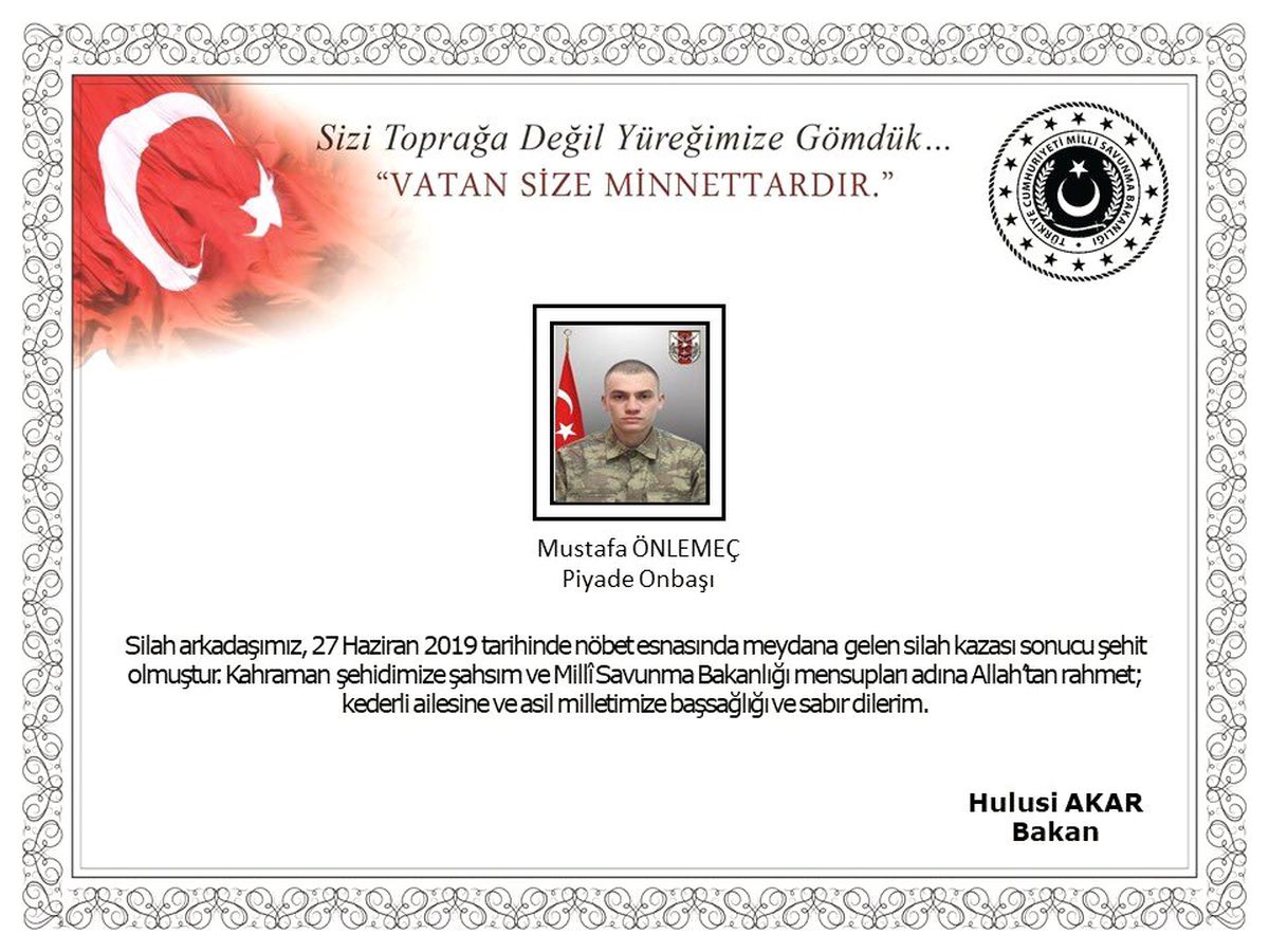 MSB: "Silah kazası sonucu 1 asker şehit oldu"