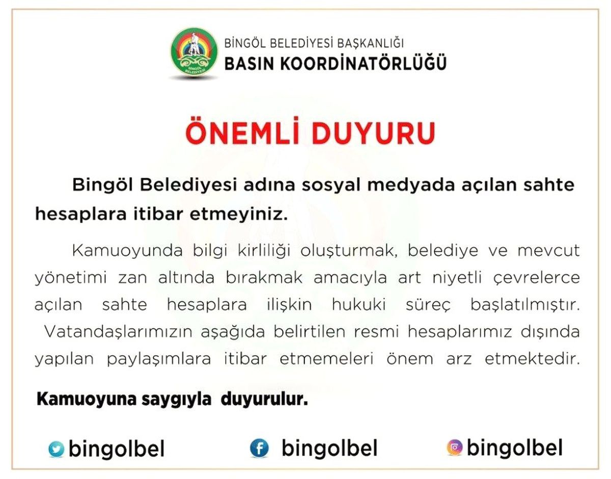 Belediye sahte hesaplara karşı uyardı
