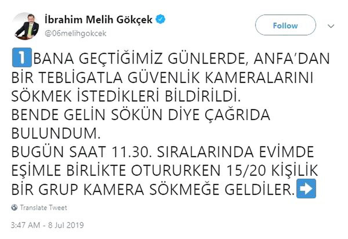 Melih Gökçek\'in evindeki kamera sistemi söküldü