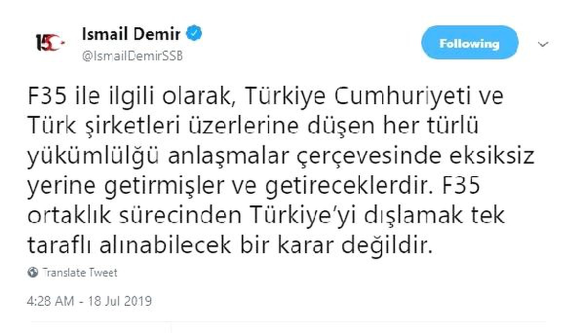 Savunma Sanayii Başkanı Demir: F-35 sürecinden Türkiye\'yi dışlamak tek taraflı olmaz