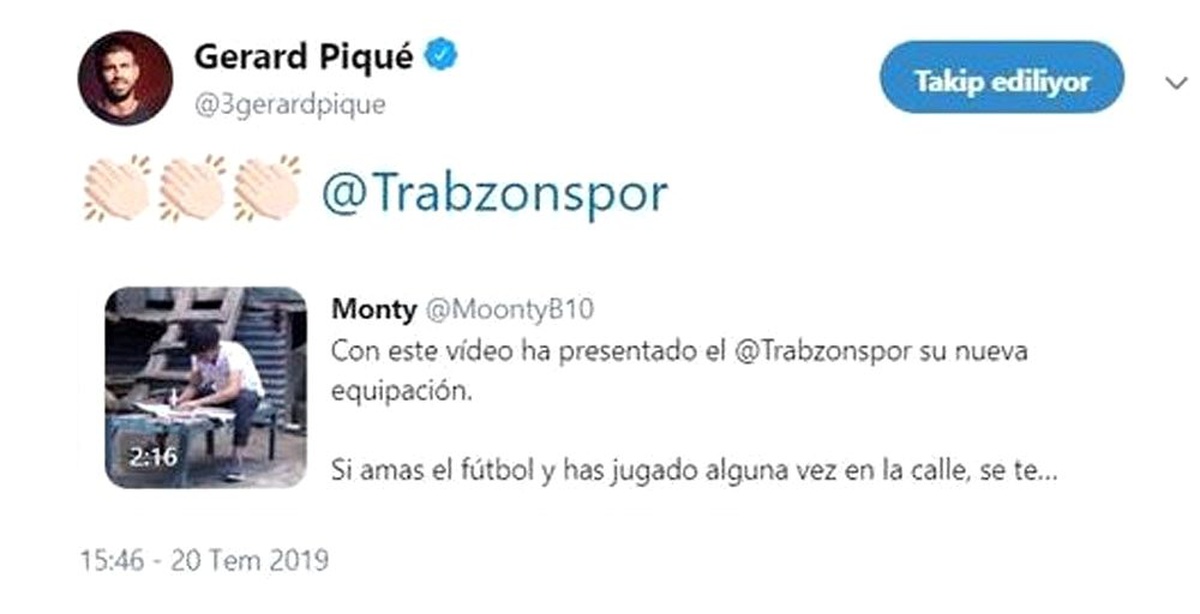 Pique, Trabzonspor\'un paylaşımını beğendi
