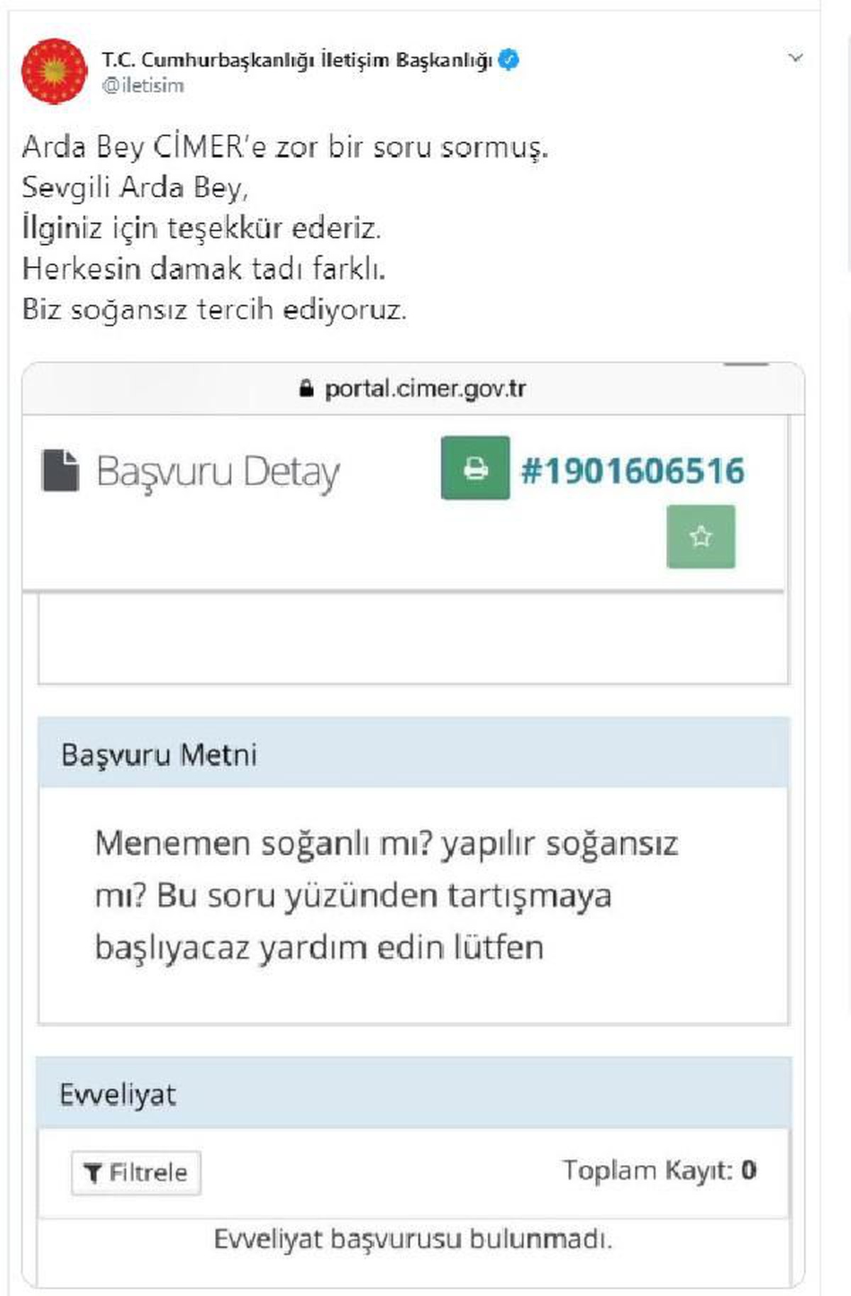 CİMER\'den menemen sorusuna cevap: Biz soğansız tercih ediyoruz