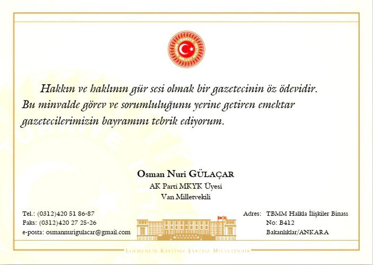 AK Parti Milletvekili Gülaçar\'dan "Gazeteciler günü ve basın bayramı" mesajı