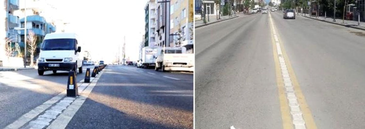 İskele Caddesi\'ndeki kaldırılan dubalar trafiği tehlikeye oluşturuyor