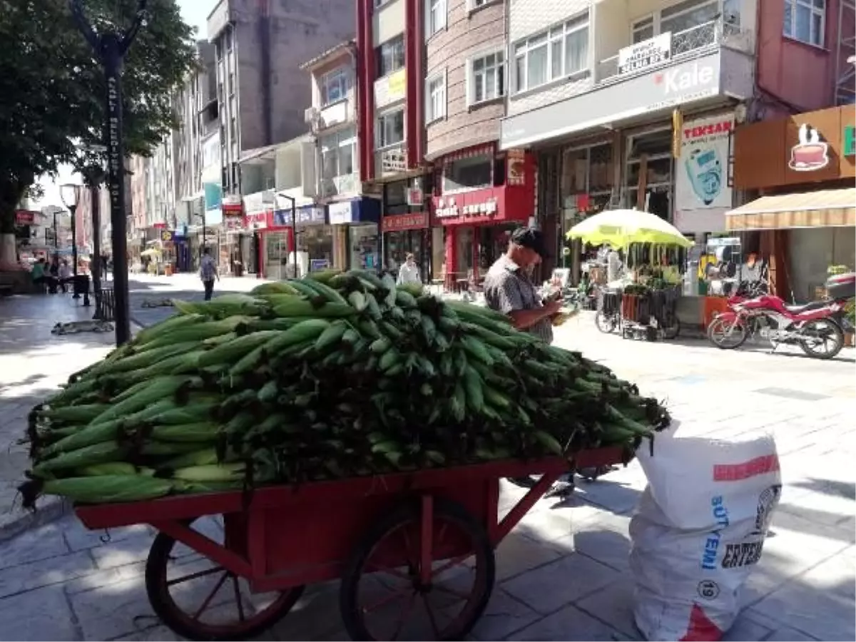 Tezgahındaki mısırlarla, güvercinleri besliyor