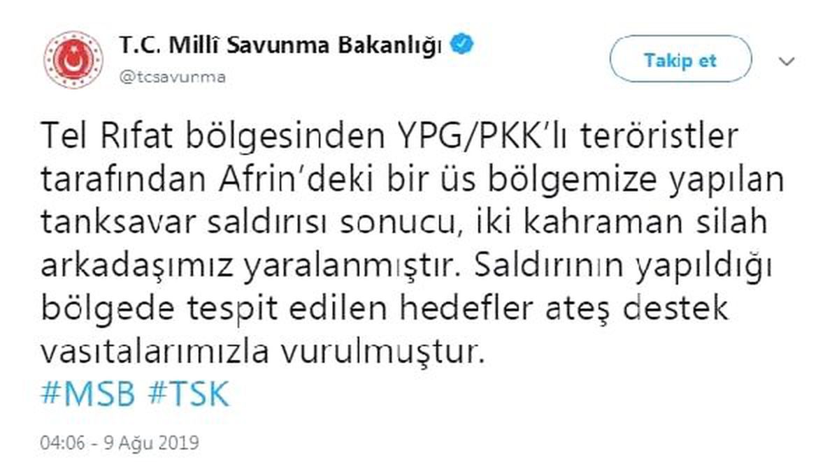 MSB: Afrin\'de üs bölgesine saldırıda 2 asker yaralandı