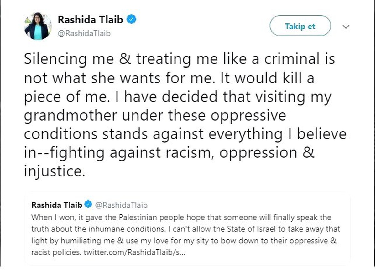 Kongre üyesi Rashida Tlaib\'den İsrail kararı