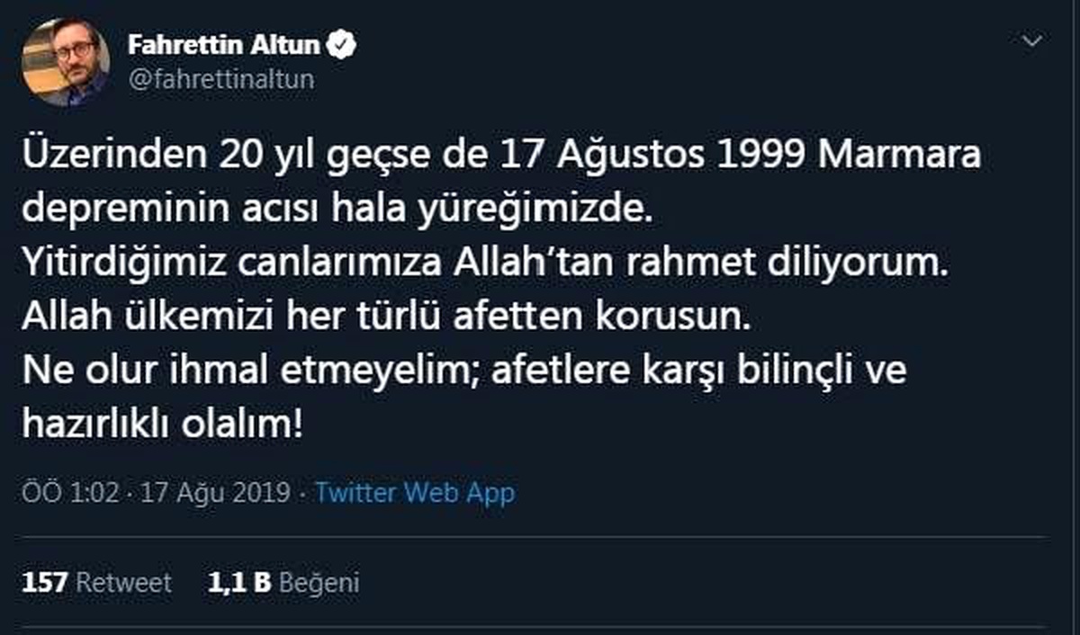 Fahrettin Altun: Marmara depreminin acısı hala yüreğimizde