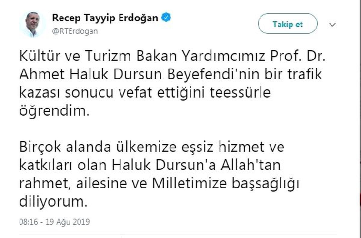 Cumhurbaşkanı Erdoğan\'dan, Bakan Yardımcısı Dursun için taziye mesajı
