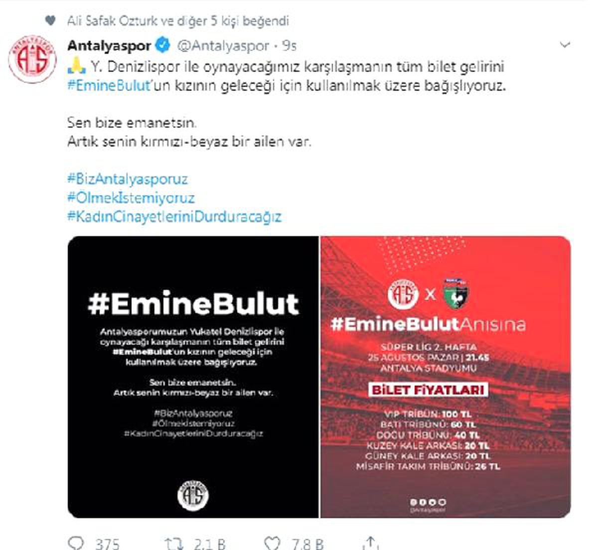Antalyaspor\'dan emine bulut\'un kızına destek