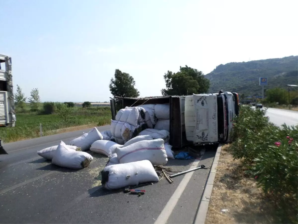 Söke\'de baharat yüklü kamyon devrildi