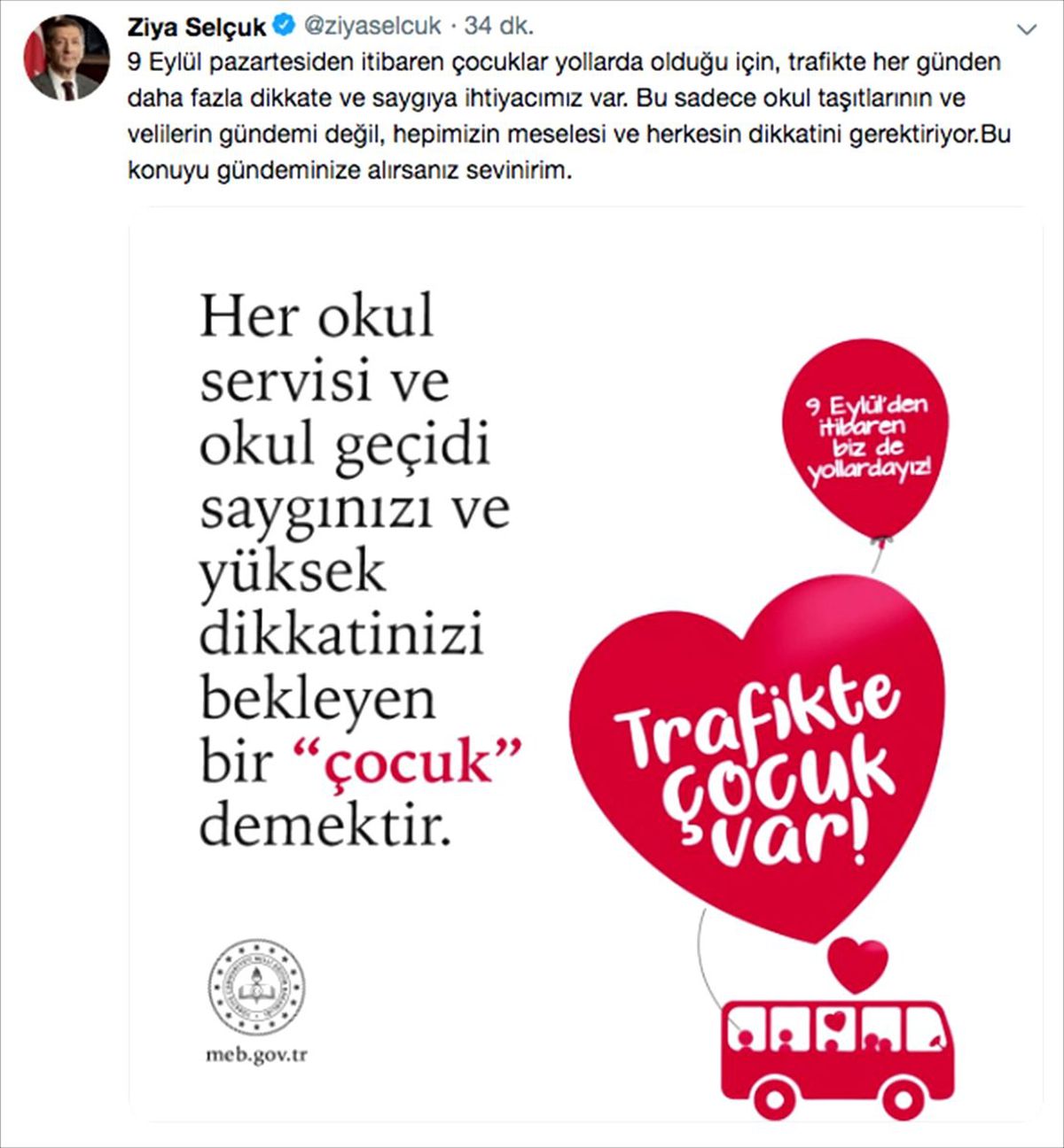 Bakan Selçuk\'tan "trafikte çocuklara dikkat" paylaşımı