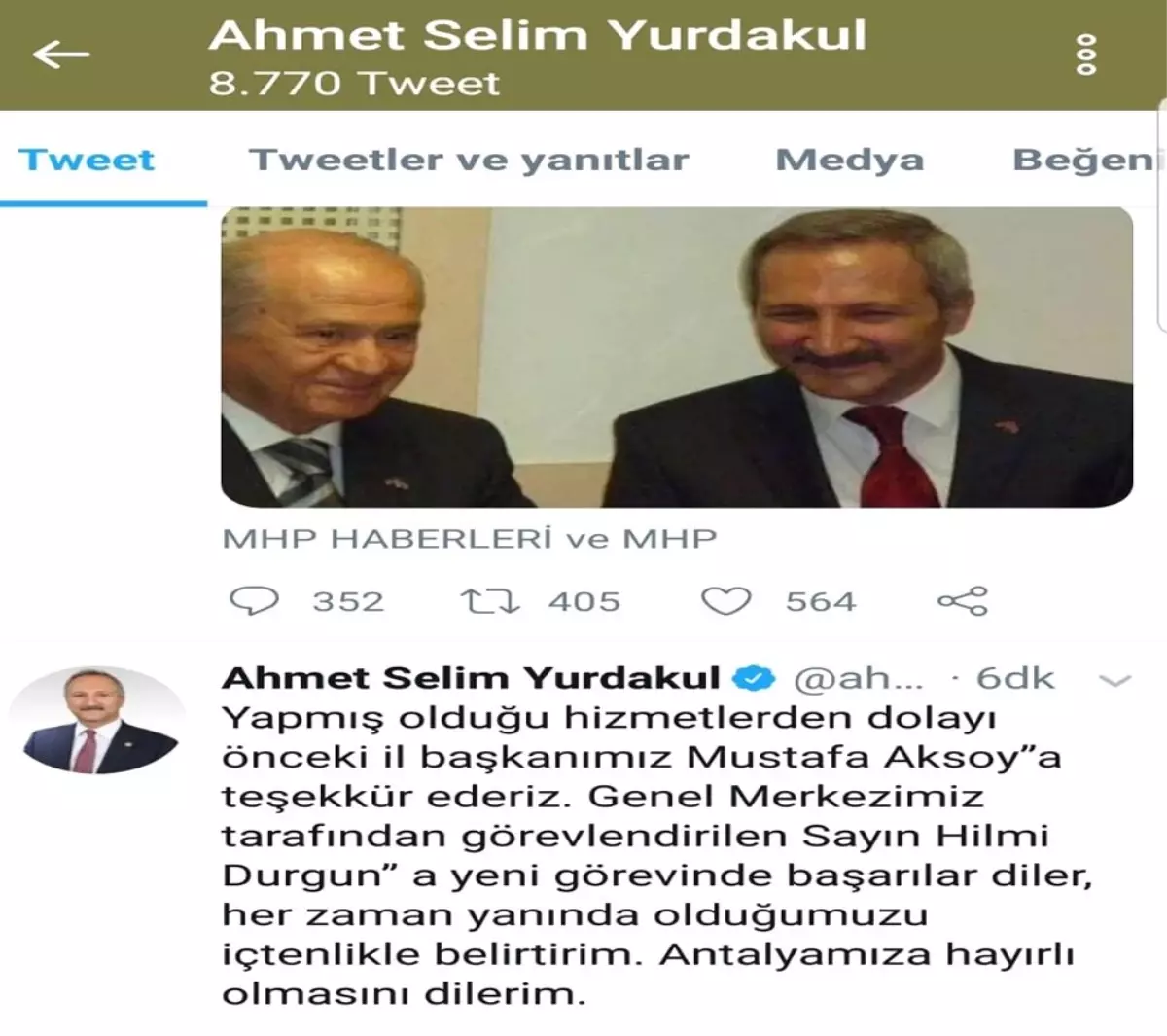 MHP Antalya İl Başkanlığına Hilmi Durgun getirildi