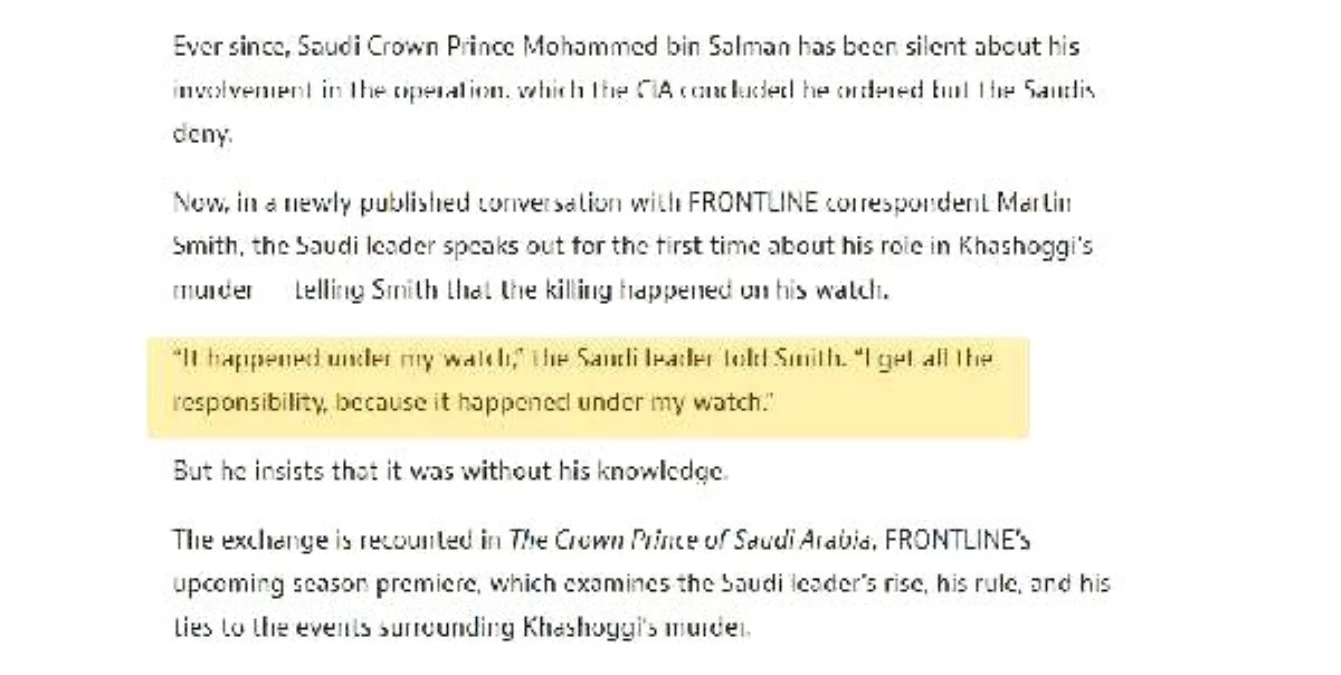 Abd\'li gazeteci smith: veliaht prens bin selman, kaşıkçı cinayetinin sorumluluğunu üstlendi