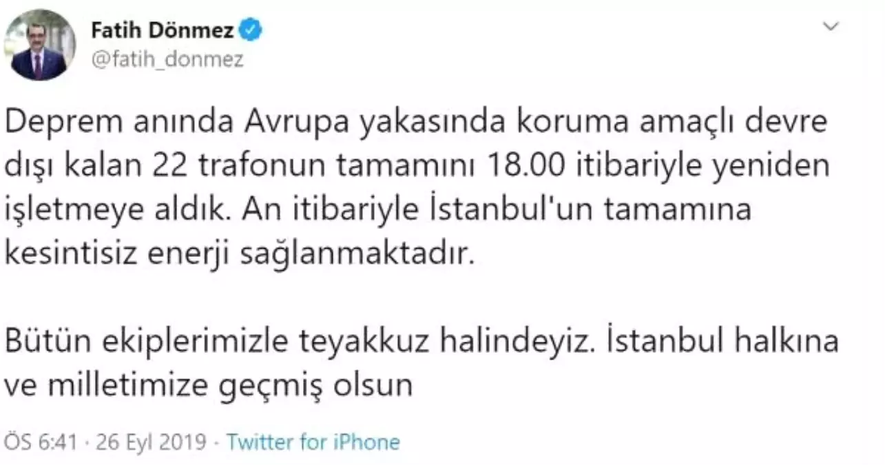 Bakan dönmez: istanbul\'un tamamına kesintisiz enerji sağlanmaktadır