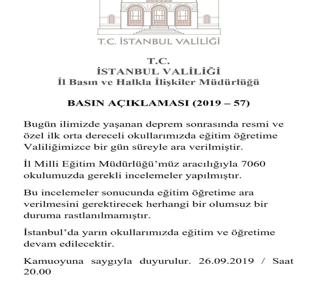 Vali Yerlikaya: "Yarın okullarımızda eğitim ve öğretime devam edilecektir"