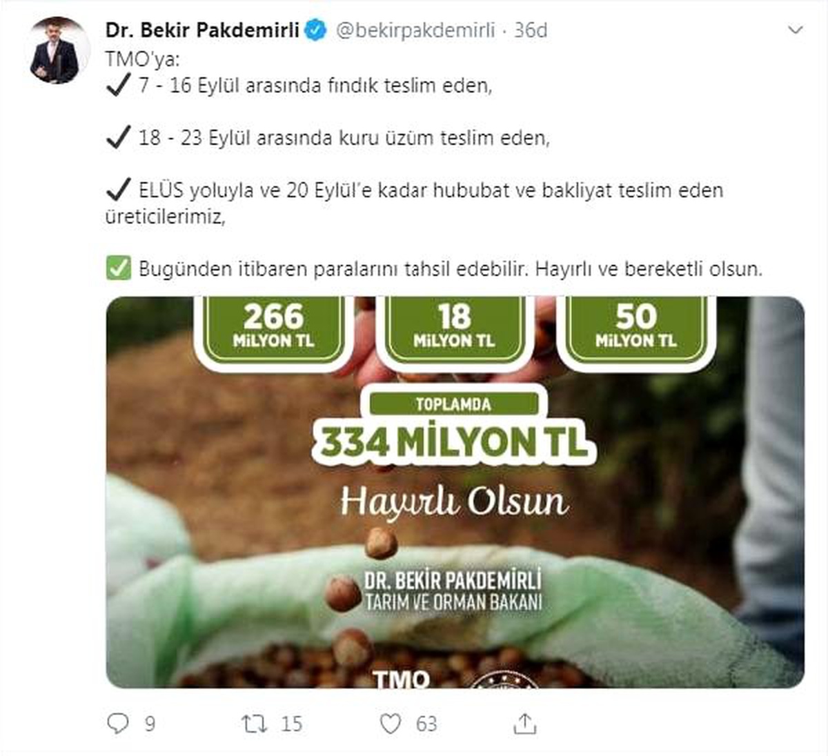 Bakan pakdemirli: üzüm, fındık ve hububat üreticilerine 334 milyon ödeme yapıldı