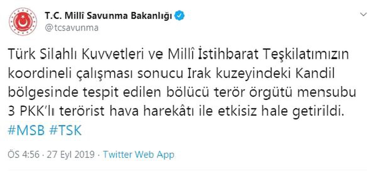 Kandil\'e hava harekâtı: 3 terörist etkisiz hale getirildi