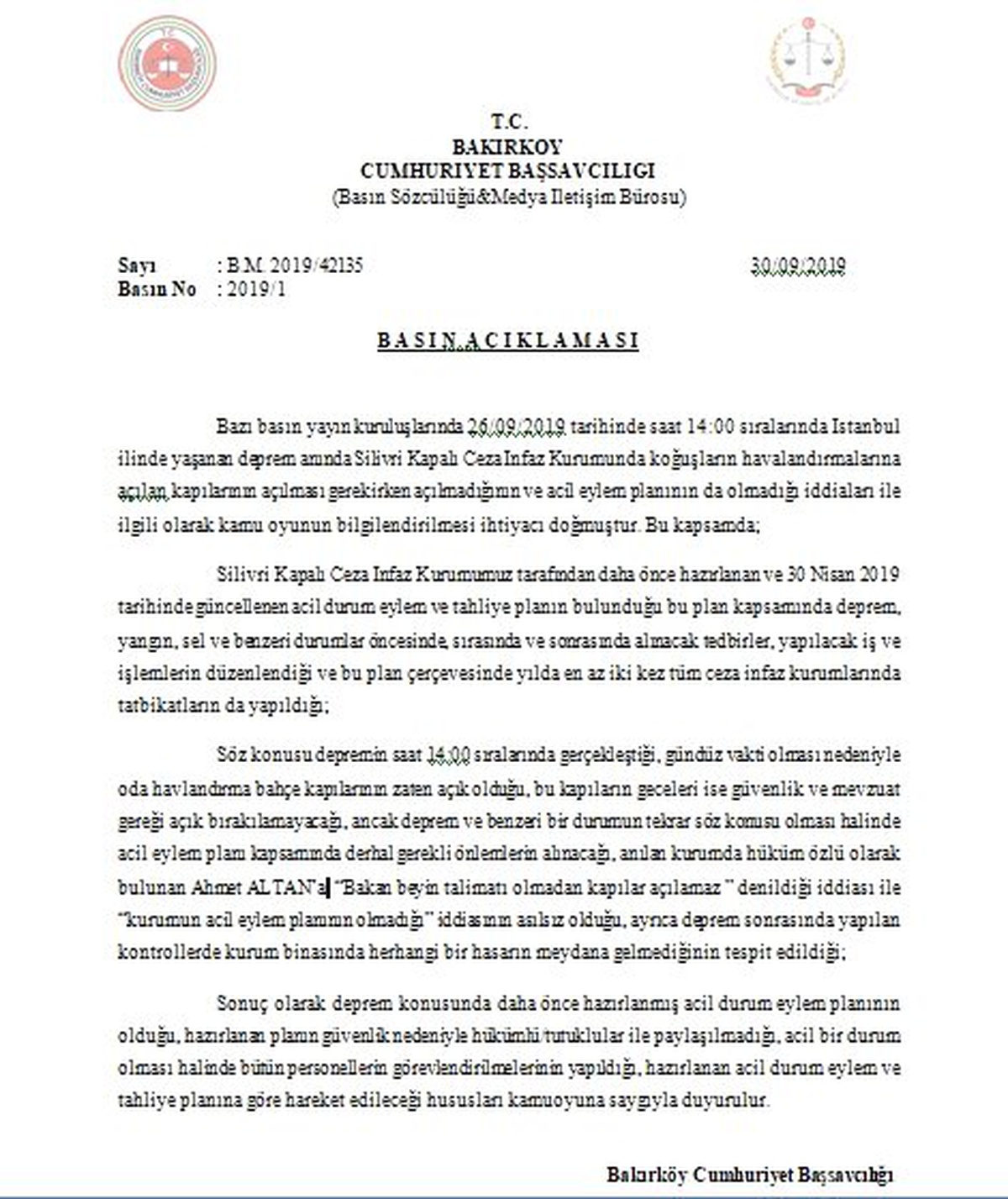 Bakırköy Cumhuriyet Başsavcılığından deprem açıklaması