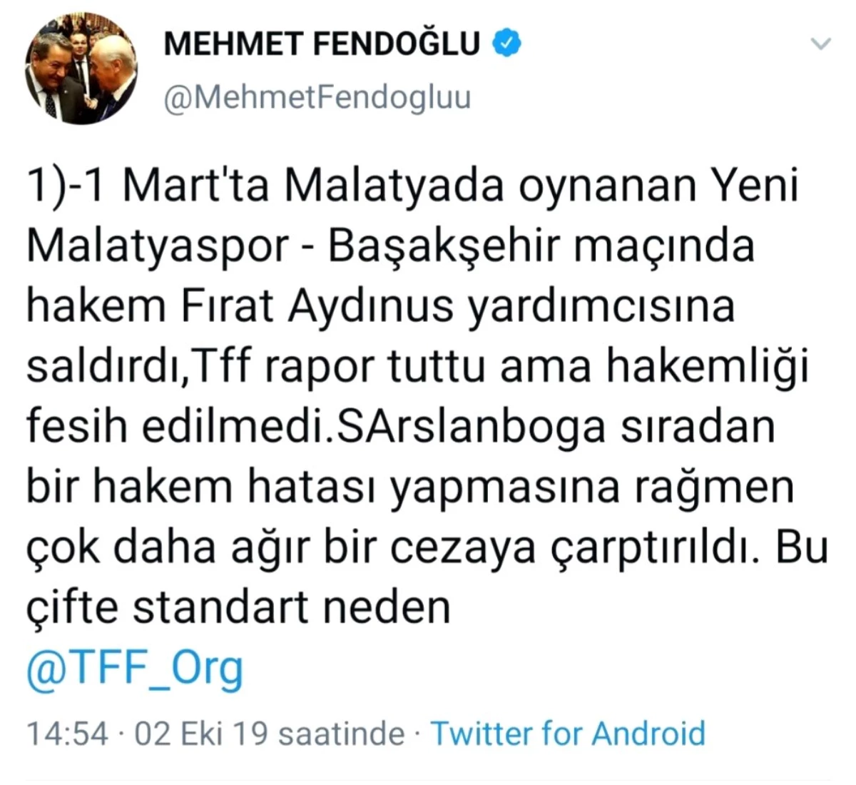 Milletvekili Fendoğlu\'ndan Hakem Suat Arslanboğa\'ya destek