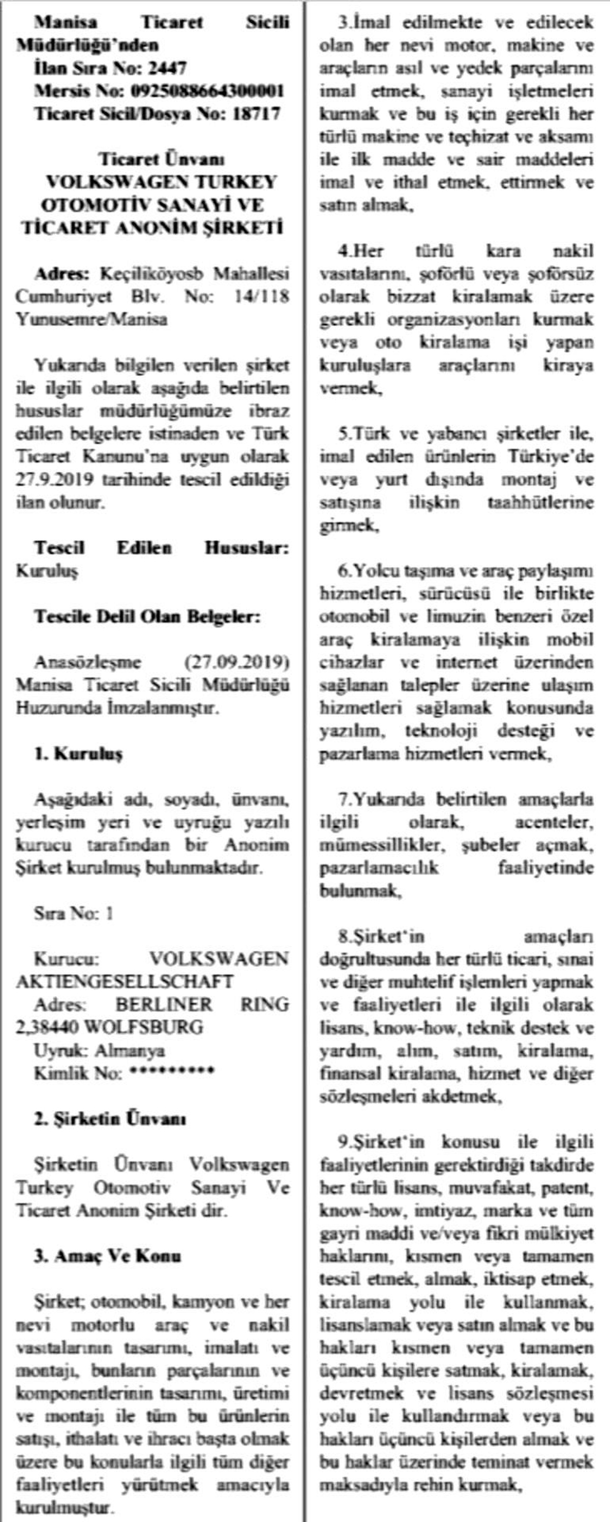 Volkswagen Türkiye Otomotiv San. A. Ş. Manisa\'da Kuruldu