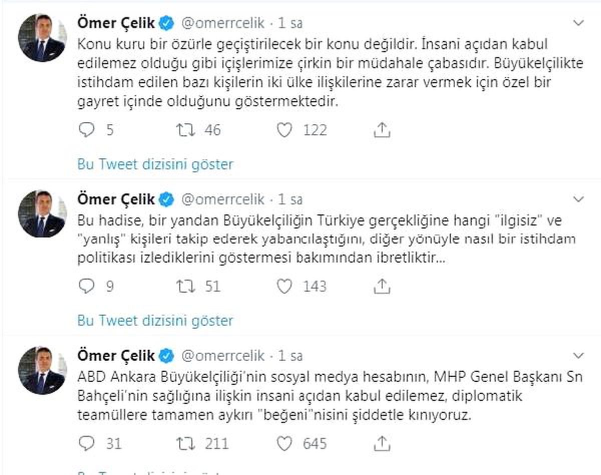 Ak parti\'li çelik\'ten, abd büyükelçiliği\'ne \'beğeni\' tepkisi