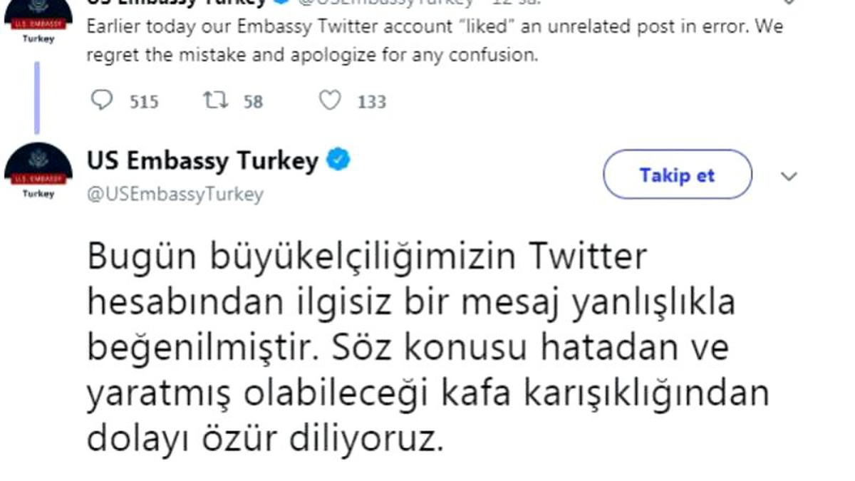\'Bahçelisiz siyaset\' twitini beğenen ABD\'nin Ankara Büyükelçiliği\'nden özür