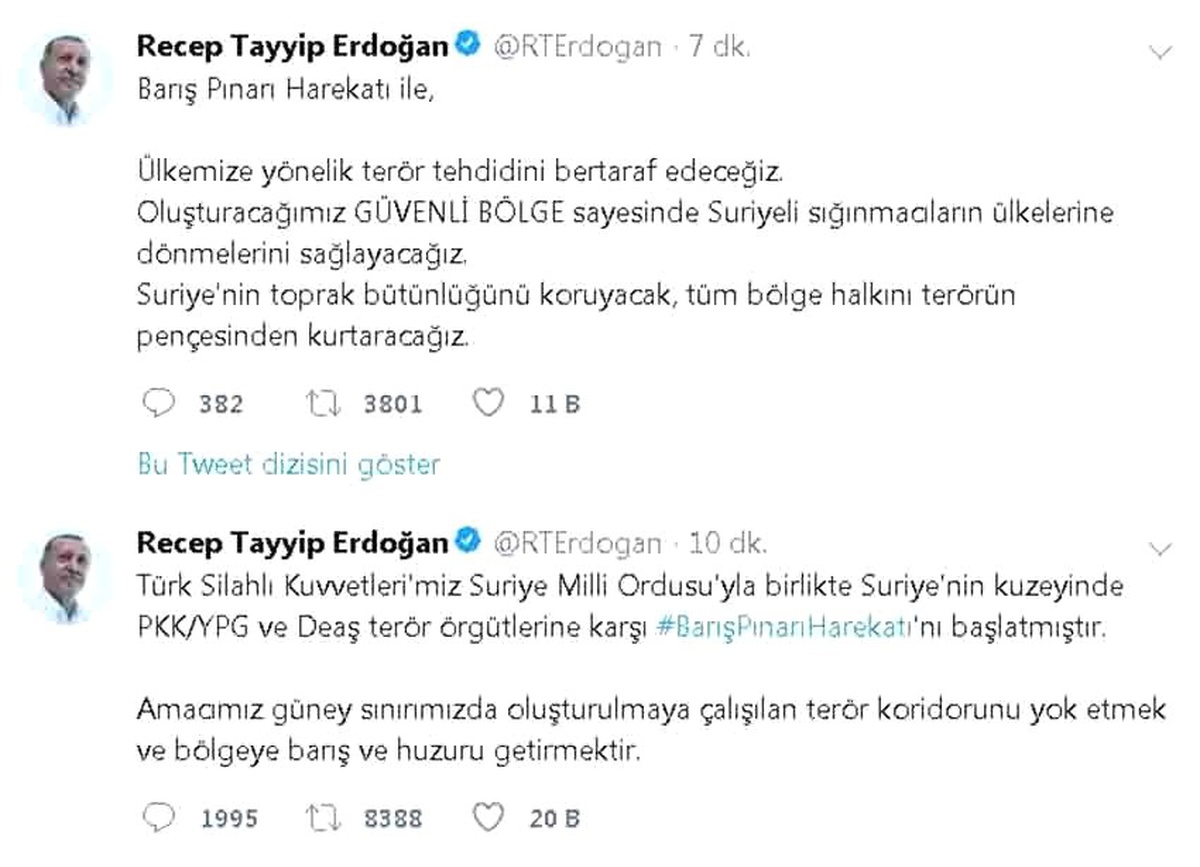 Cumhurbaşkanı Erdoğan: "Barış Pınarı Harekatı başladı"