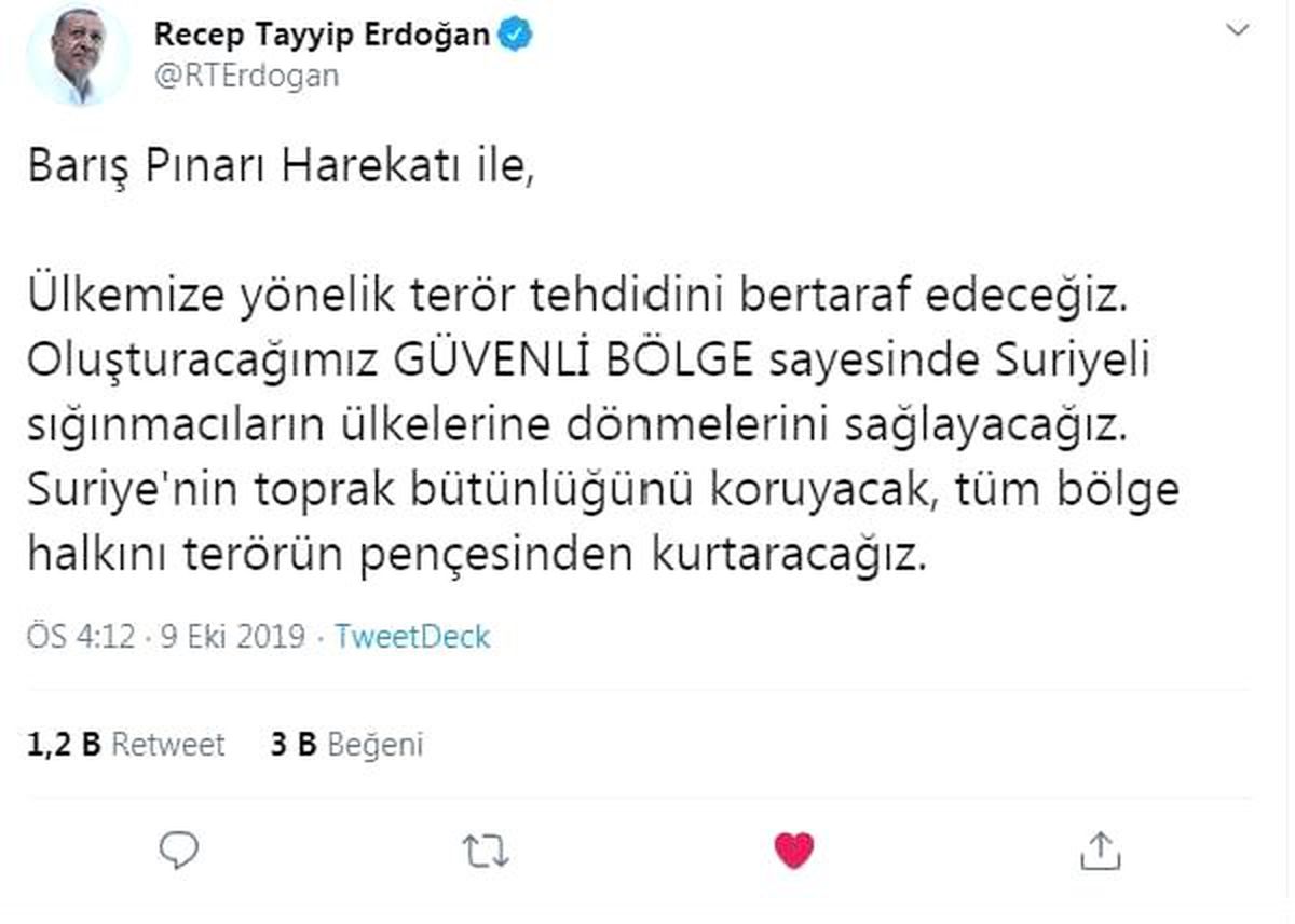 Erdoğan: barış pınarı harekatı başlamıştır