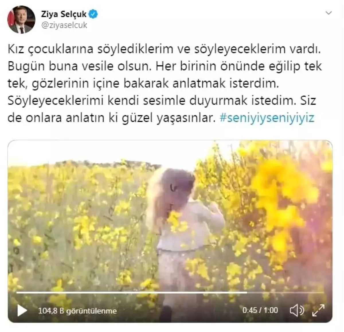 Bakan selçuk\'tan \'dünya kız çocukları günü\' için videolu mesaj