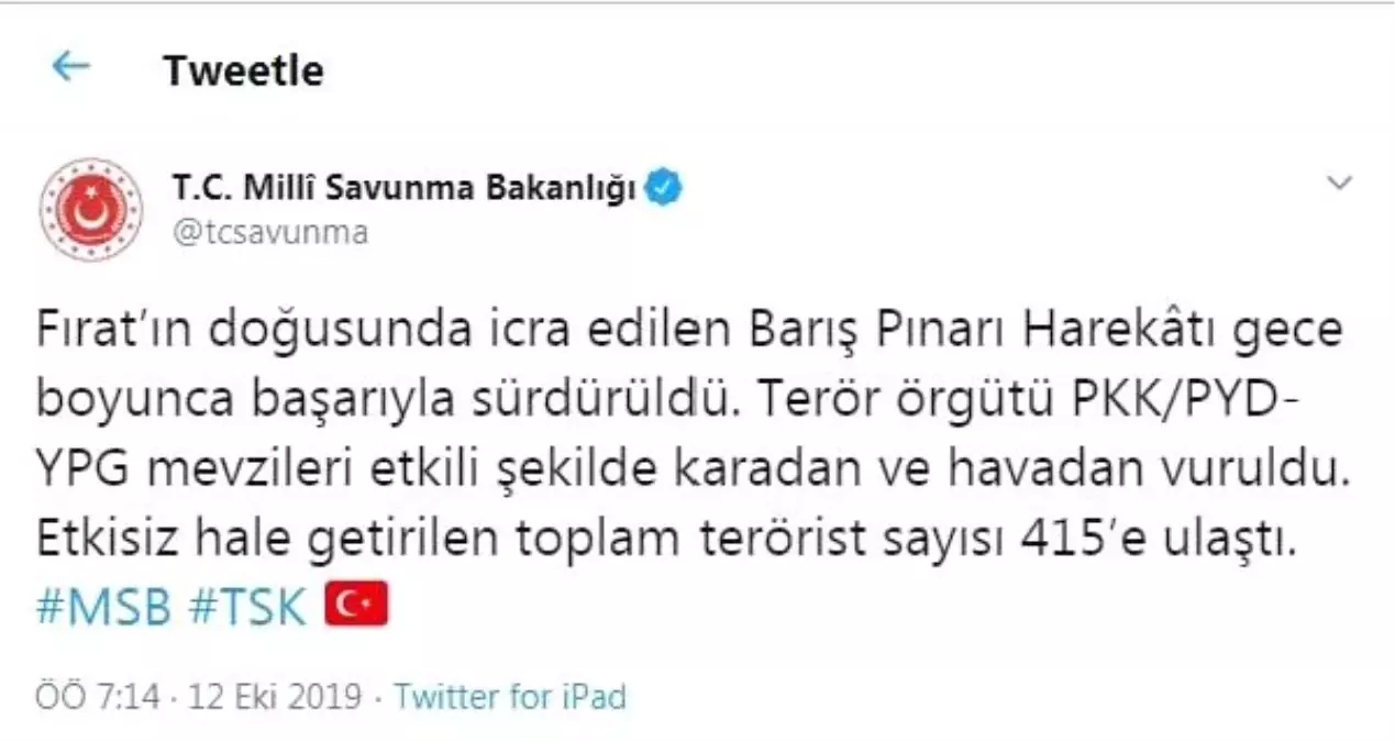 Barış pınarı harekatı\'nda, 415 terörist etkisiz hale getirildi