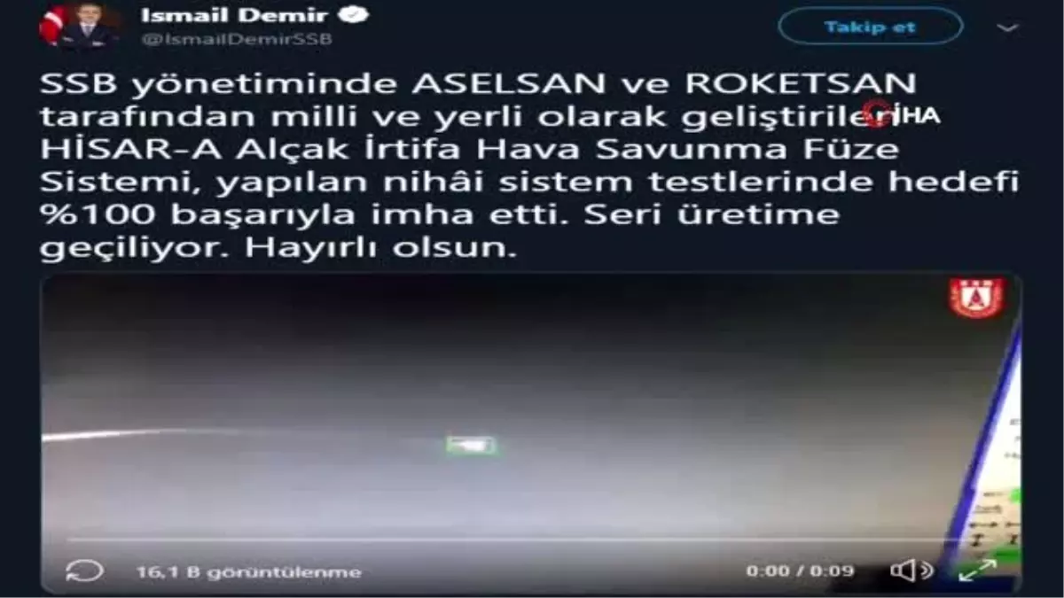 Savunma Sanayi Başkanı Demir: "HİSAR-A Alçak İrtifa Hava Savunma Füze Sistemi, yapılan nihai sistem...