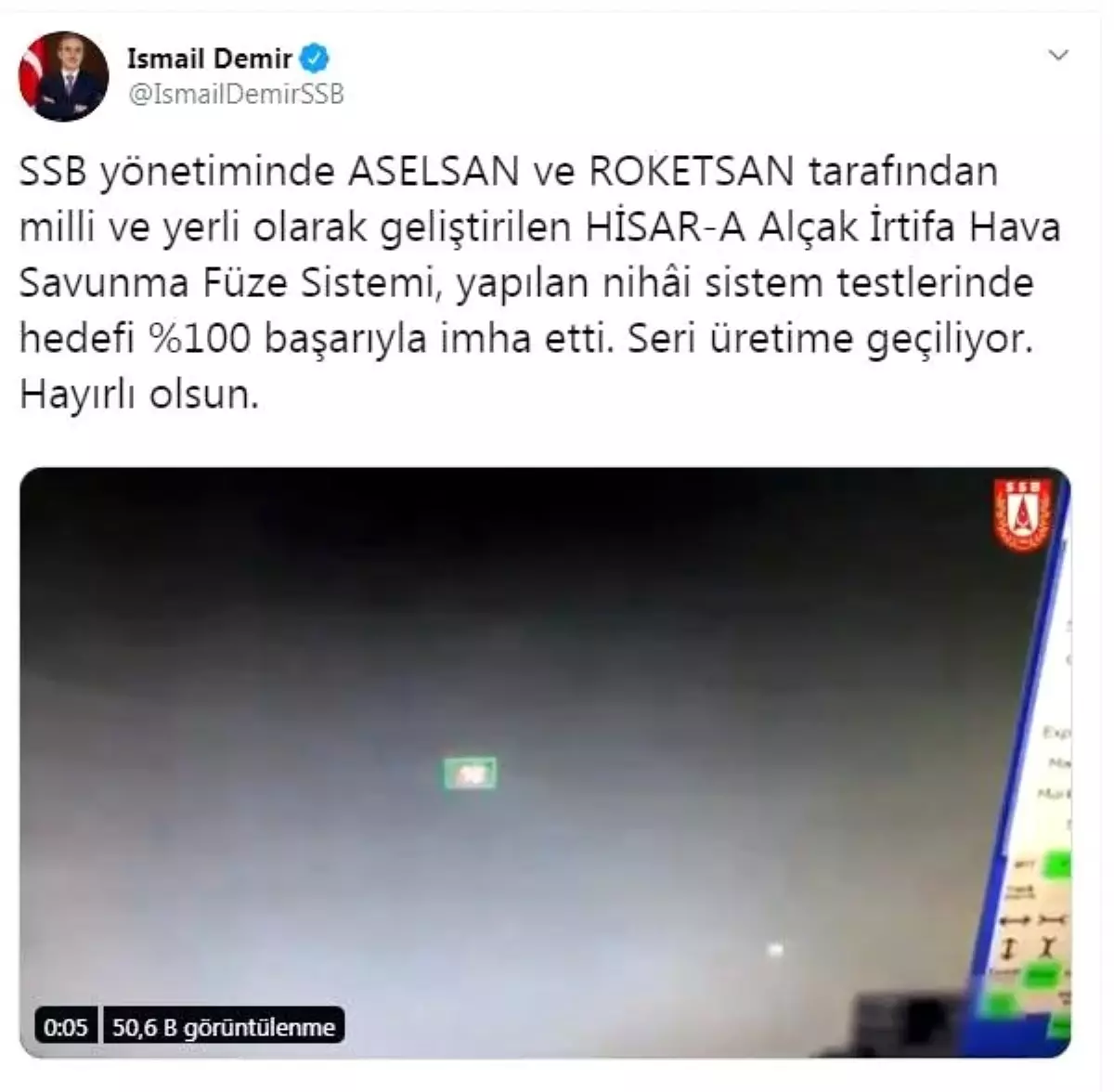 Savunma sanayii başkanı demir: hisar-a\'da seri üretime geçiliyor