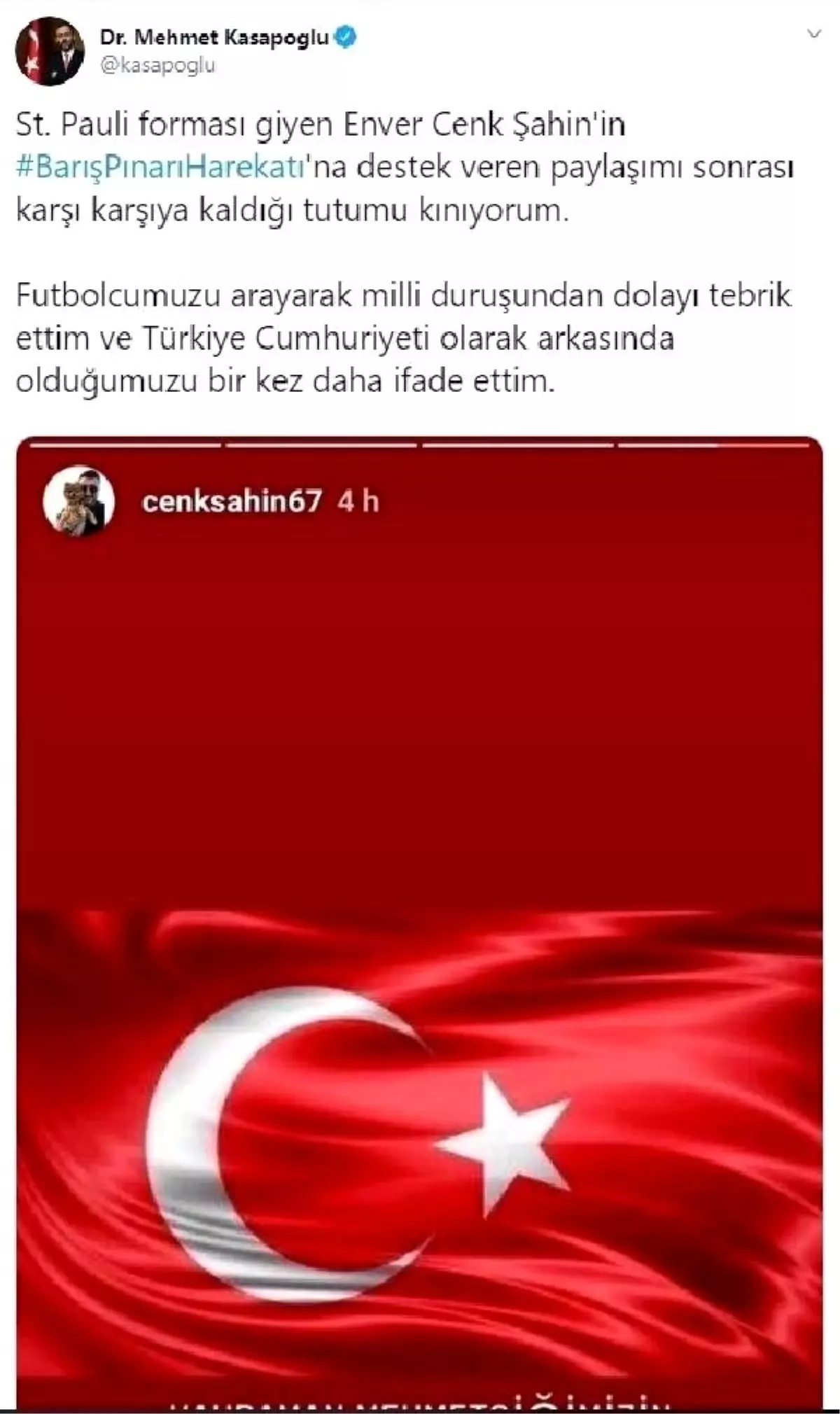 Bakan kasapoğlu\'ndan cenk şahin\'e destek