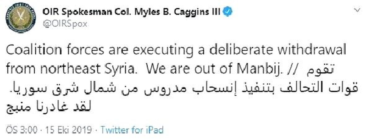 ABD öncülüğündeki koalisyon sözcüsü: Münbiç dışındayız