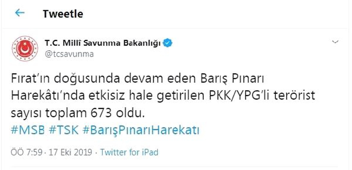 Barış Pınarı Harekatı\'nda 673 terörist etkisiz hale getirildi