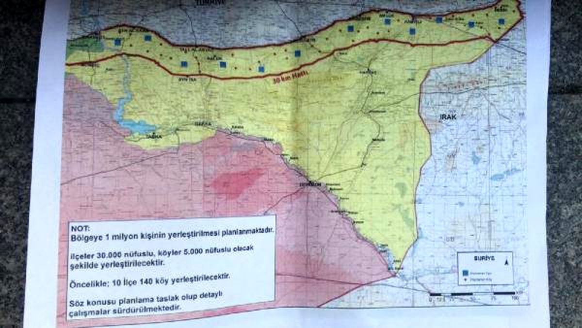 Güvenli bölgede kurulacak 12 gözlem noktası ile planlanan ilçe ve köylerin haritası