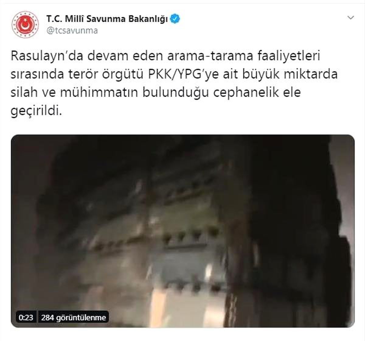 MSB: Rasulayn\'da cephanelik ele geçirildi