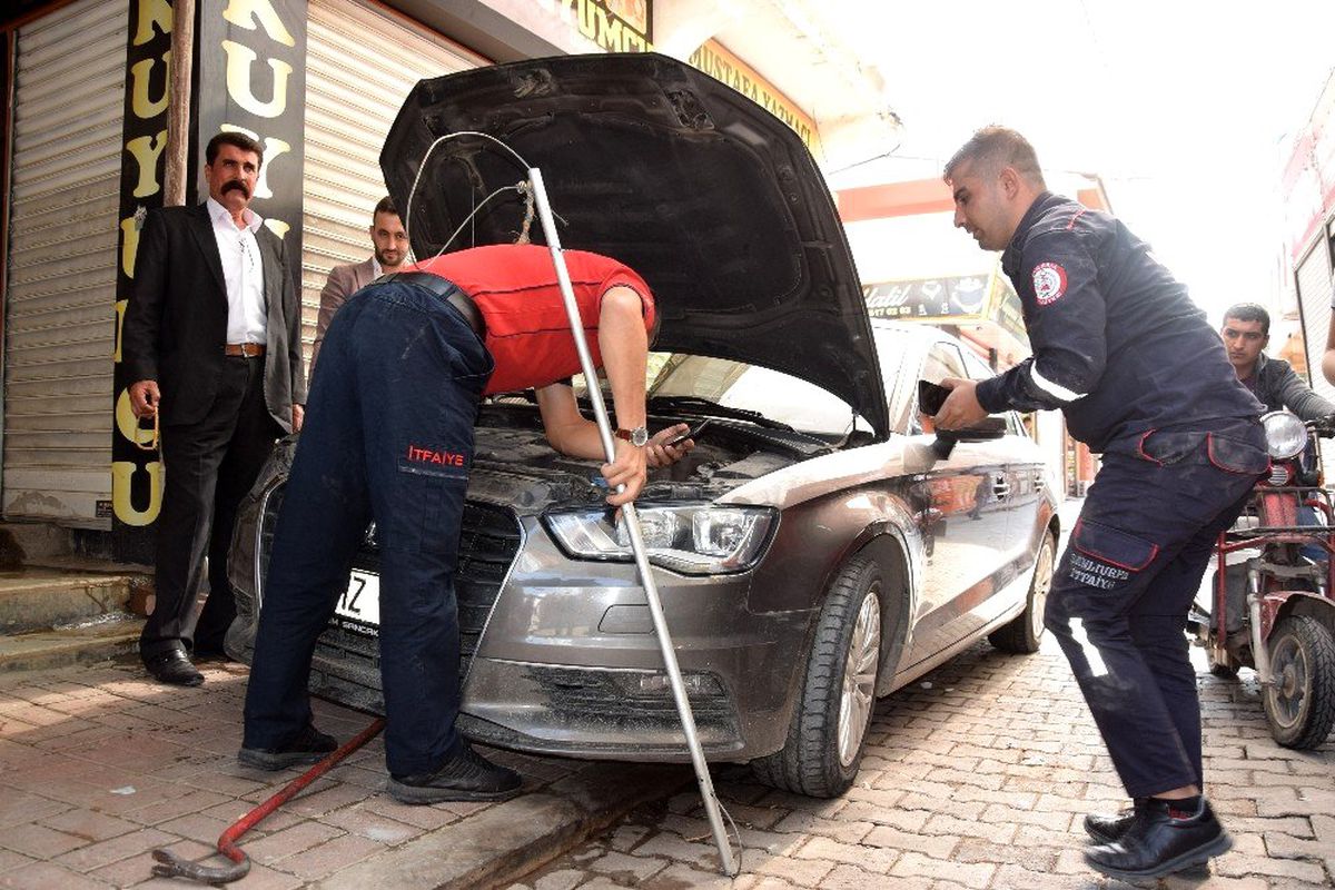 Aracın motorunda sıkışan kediyi itfaiye kurtardı