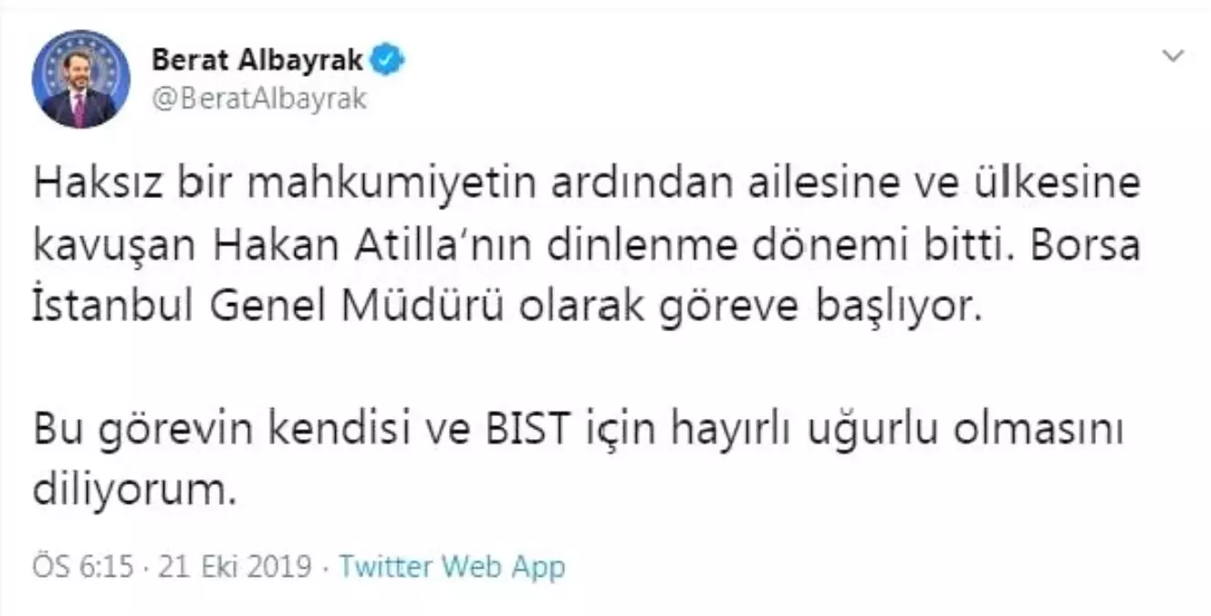 Bakan Albayrak: Hakan Atilla, Borsa İstanbul Genel Müdürü olarak göreve başlıyor