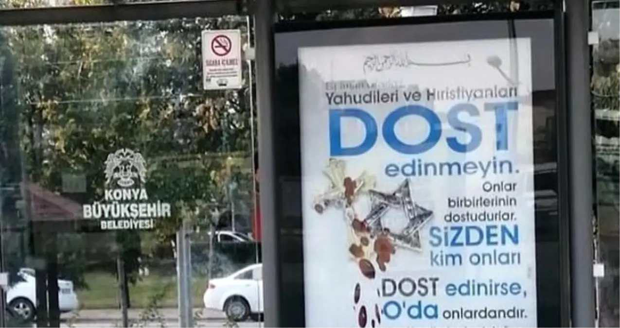 Konya\'da otobüs duraklarına asılan afişler sosyal medyada tartışma yarattı