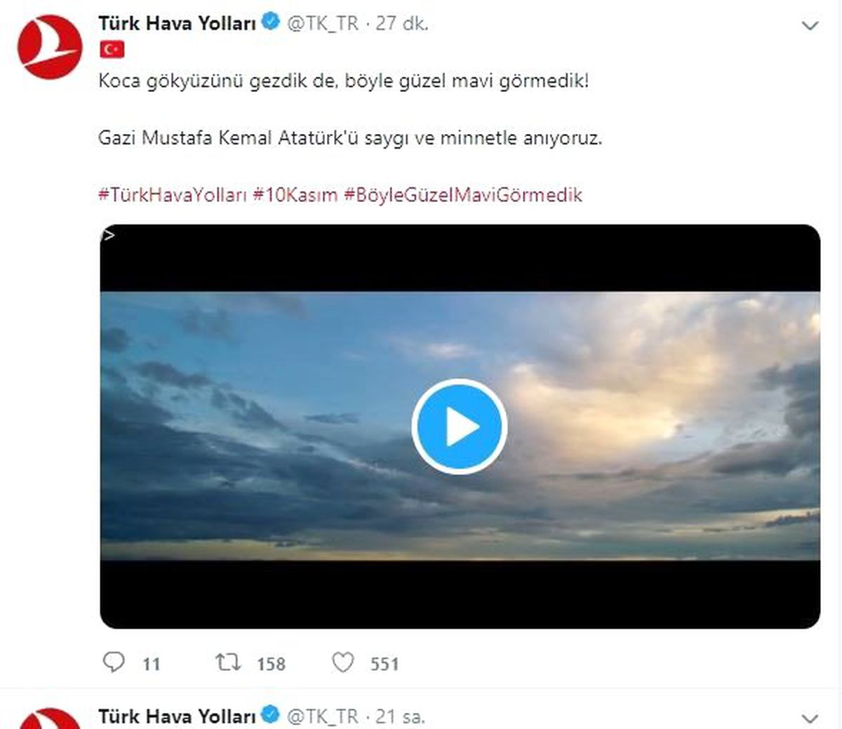 THY\'den 10 Kasım\'a özel Atatürk paylaşımı