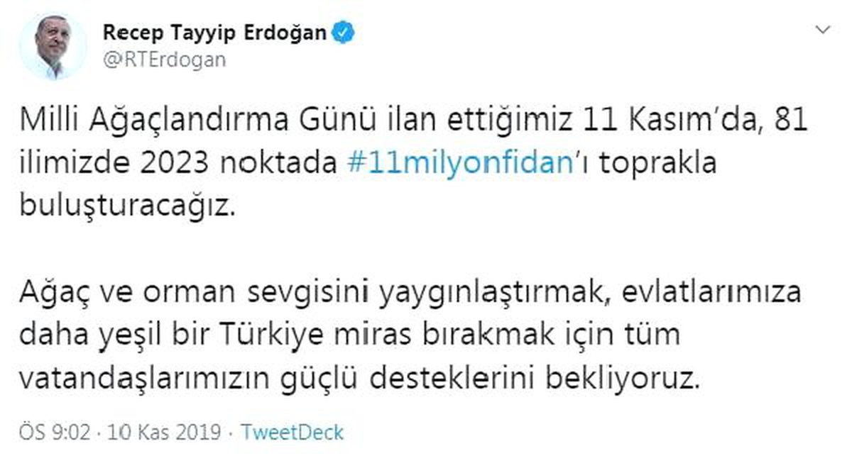 Cumhurbaşkanı Erdoğan\'dan \'fidan dikme\' çağrısı