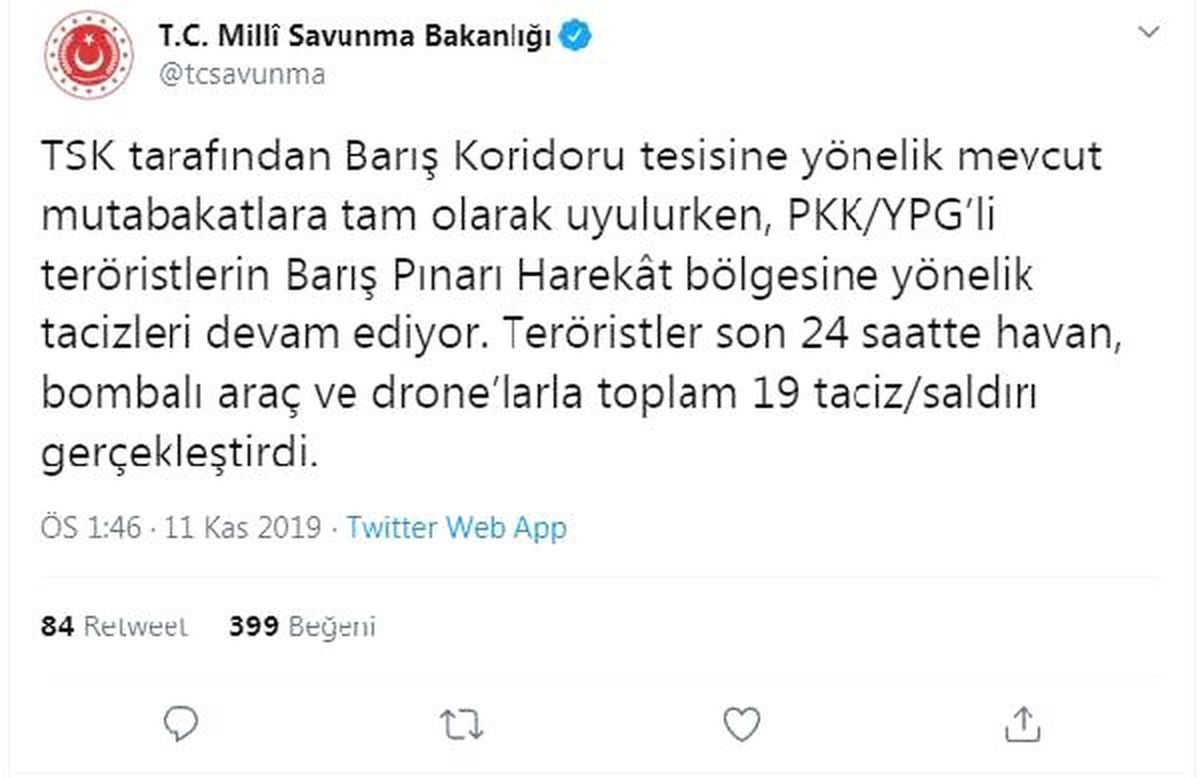MSB: Teröristler son 24 saatte 19 taciz-saldırı gerçekleştirdi