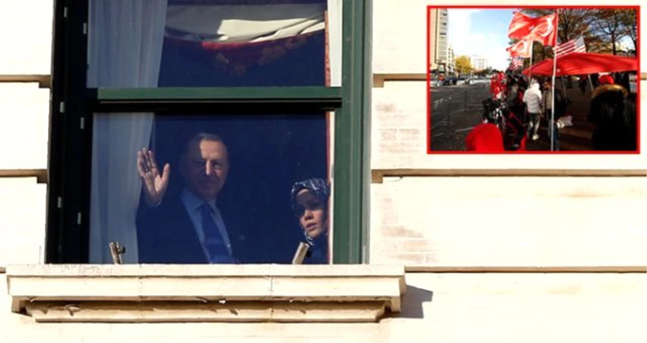 Cumhurbaşkanı Erdoğan, ABD\'de kaldığı otelin önüne gelip slogan atan vatandaşları selamladı