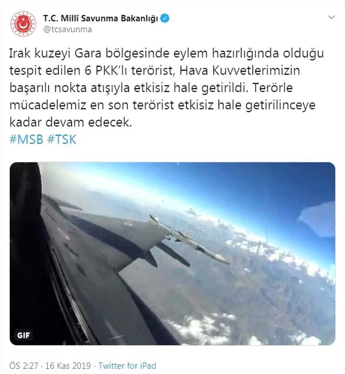 MSB: Irak kuzeyinde 6 PKK\'lı etkisiz hale getirildi