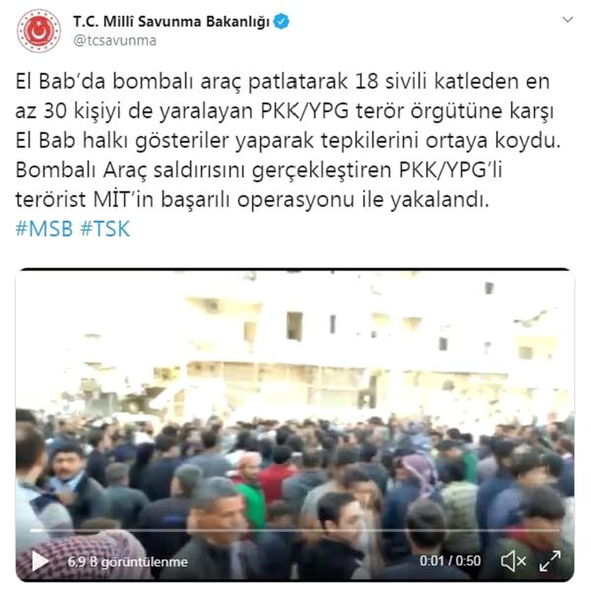 MSB: Bombalı araç saldırını gerçekleştiren terörist yakalandı