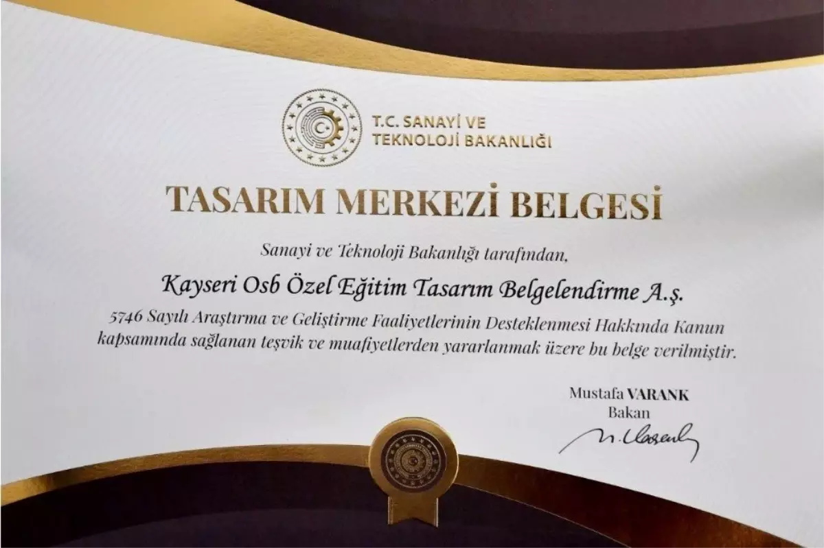 Kayseri OSB Endüstriyel Tasarım Merkezi "Tasarım Merkezi Belgesi" Aldı