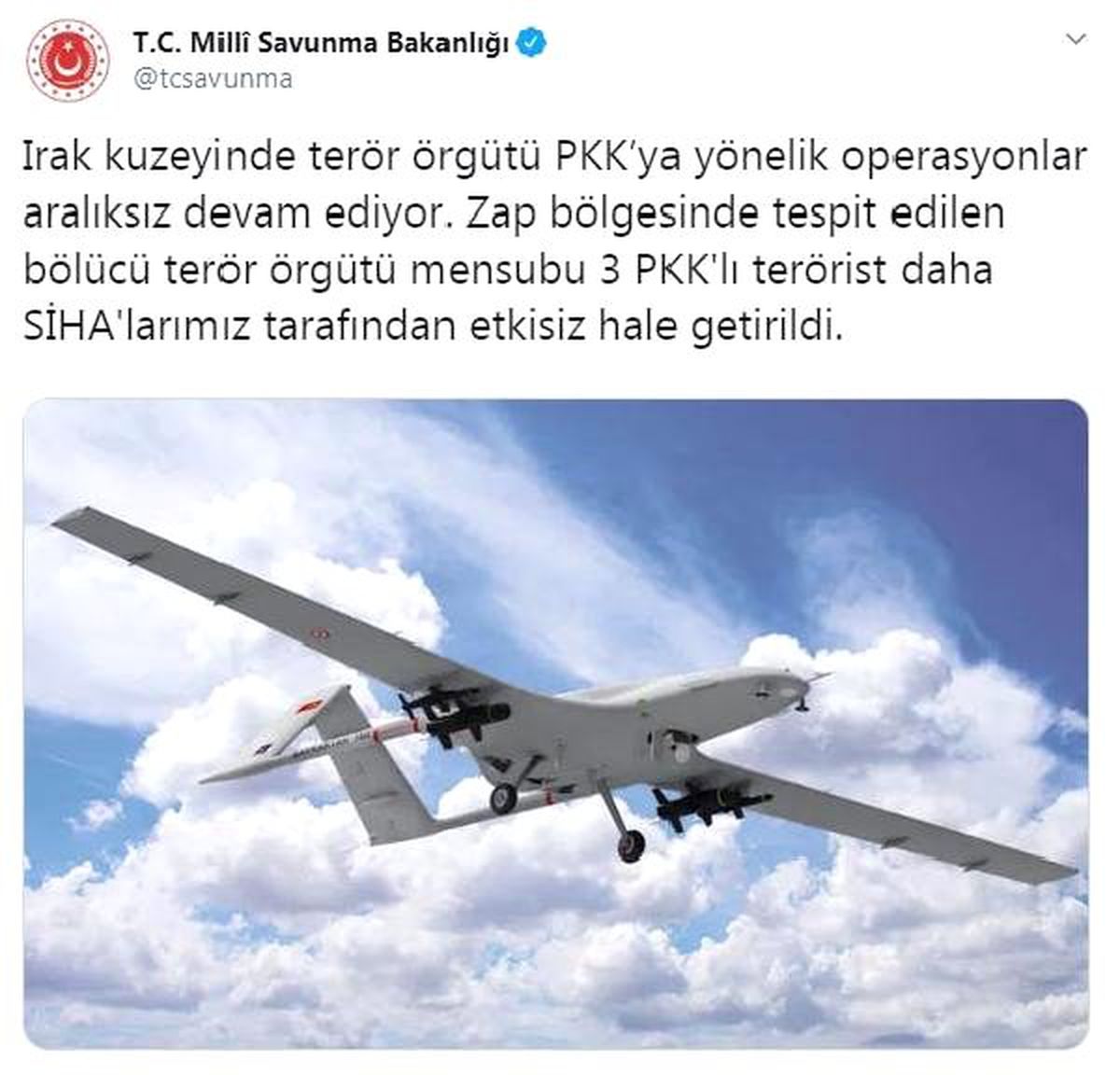 MSB: Irak kuzeyinde 3 terörist etkisiz hale getirildi